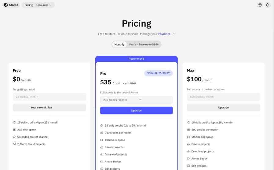 Pricing page showing discount card